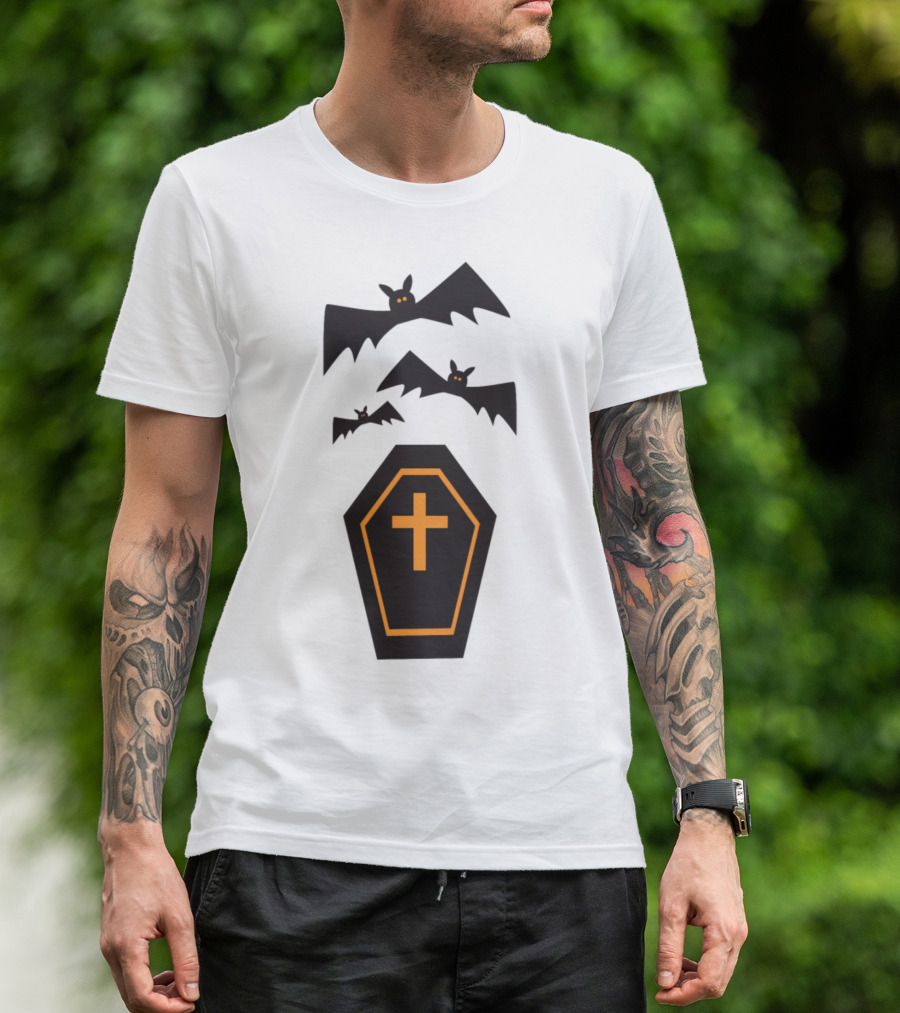 Halloween Bats Trick Or Treat Coffin With Cross And Creepy Shadows T-Shirt