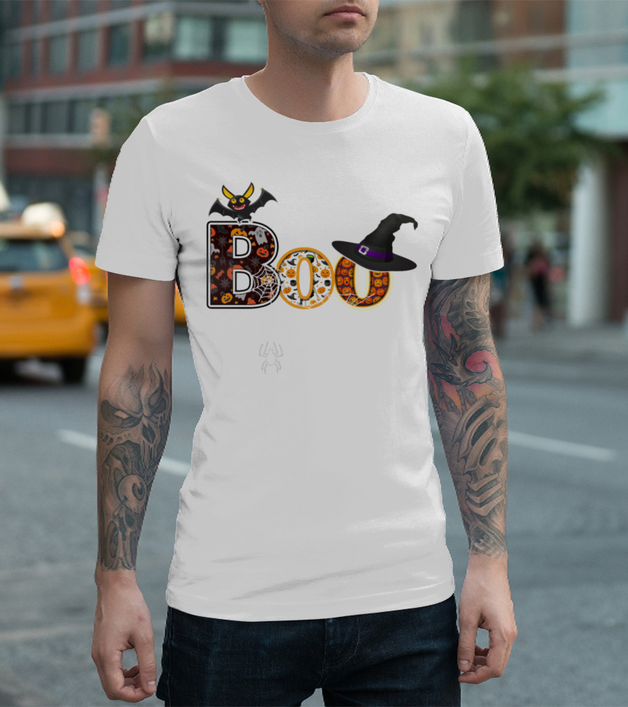 Boo Spider Web Bat Witch Hat Halloween T-Shirt