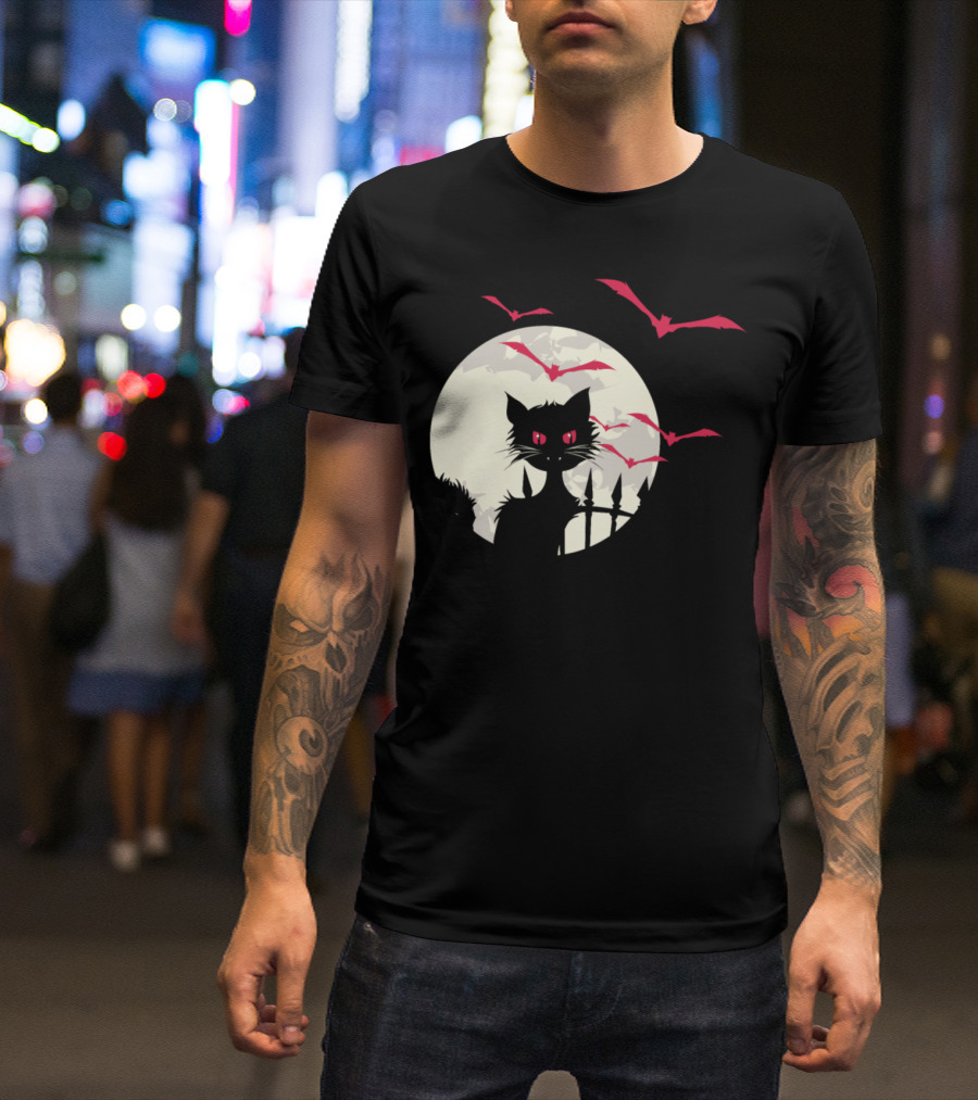 Halloween Cat Spooky Moon And Bats T-Shirt
