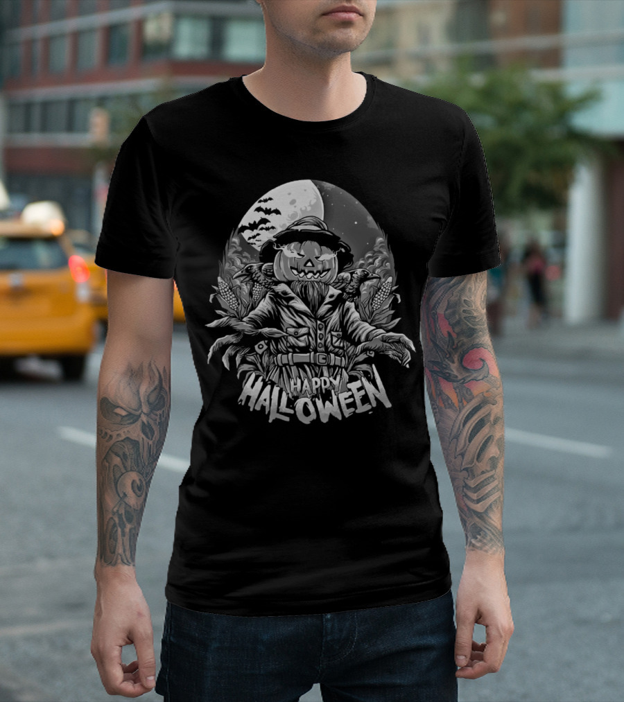 Happy Halloween Pumpkin Scarecrow Full Moon Ravens Cornfield T-Shirt