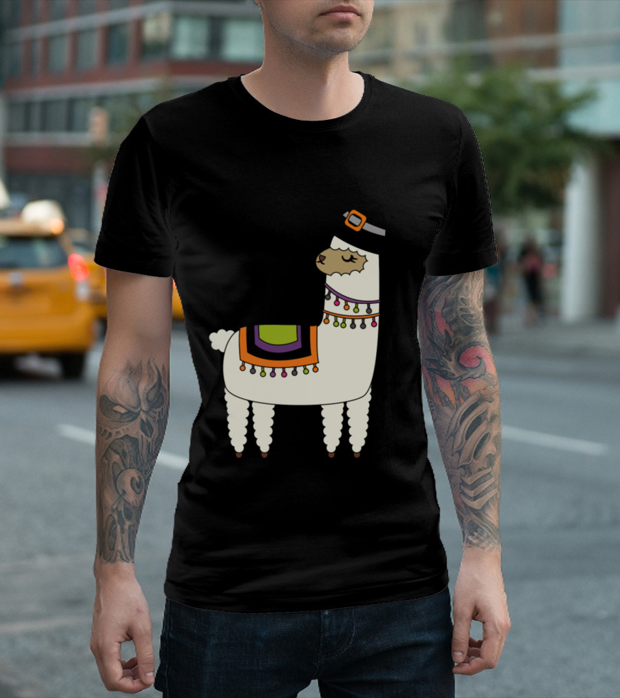 Llama with Witch Hat and Colorful Blanket for Halloween T-Shirt