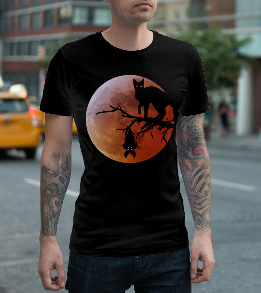 The Cat And The Bat On Halloween Moon T-Shirt