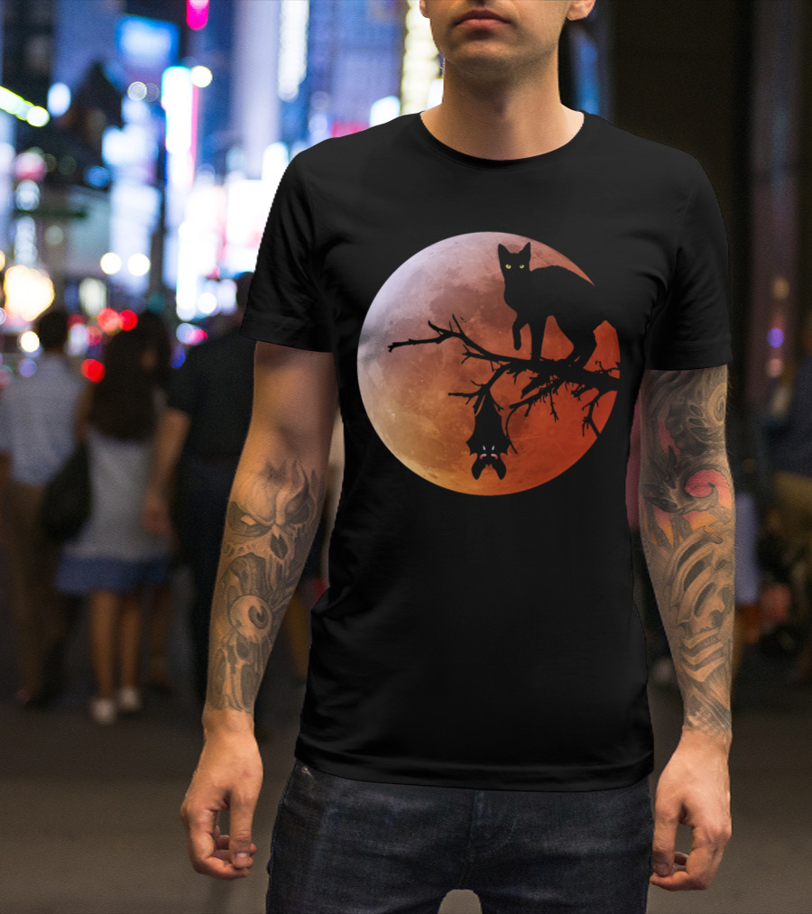 The Cat And The Bat On Halloween Moon T-Shirt