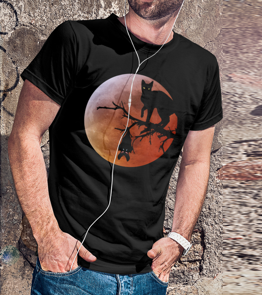 The Cat And The Bat On Halloween Moon T-Shirt
