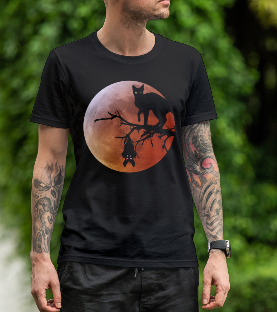 The Cat And The Bat On Halloween Moon T-Shirt