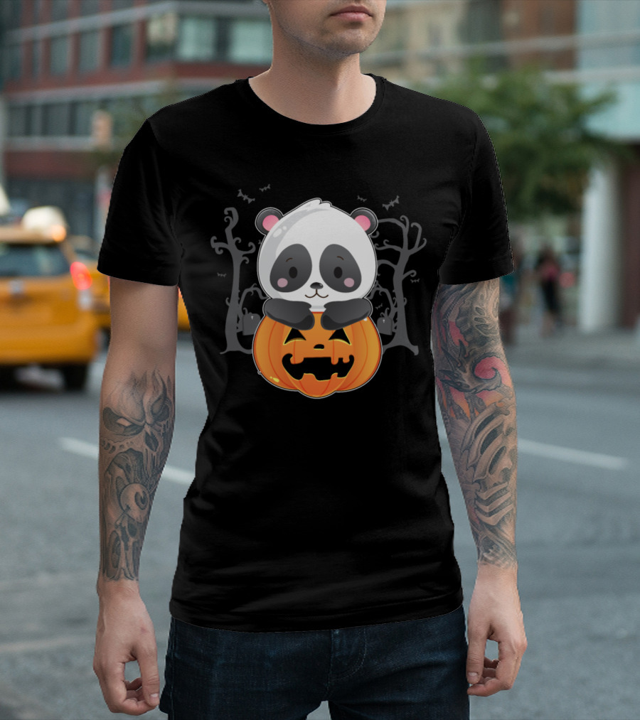 Spooky Halloween Panda Holding Carved Pumpkin With Haunted Trees And Bats T-Shirt