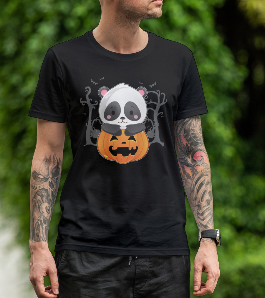 Spooky Halloween Panda Holding Carved Pumpkin With Haunted Trees And Bats T-Shirt