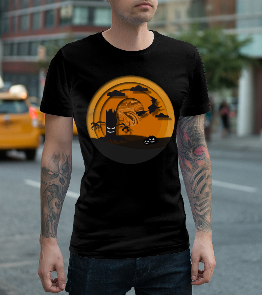 Halloween Witch and Monster Tree Under Orange Moon with Clouds and Pumpkin T-Shirt