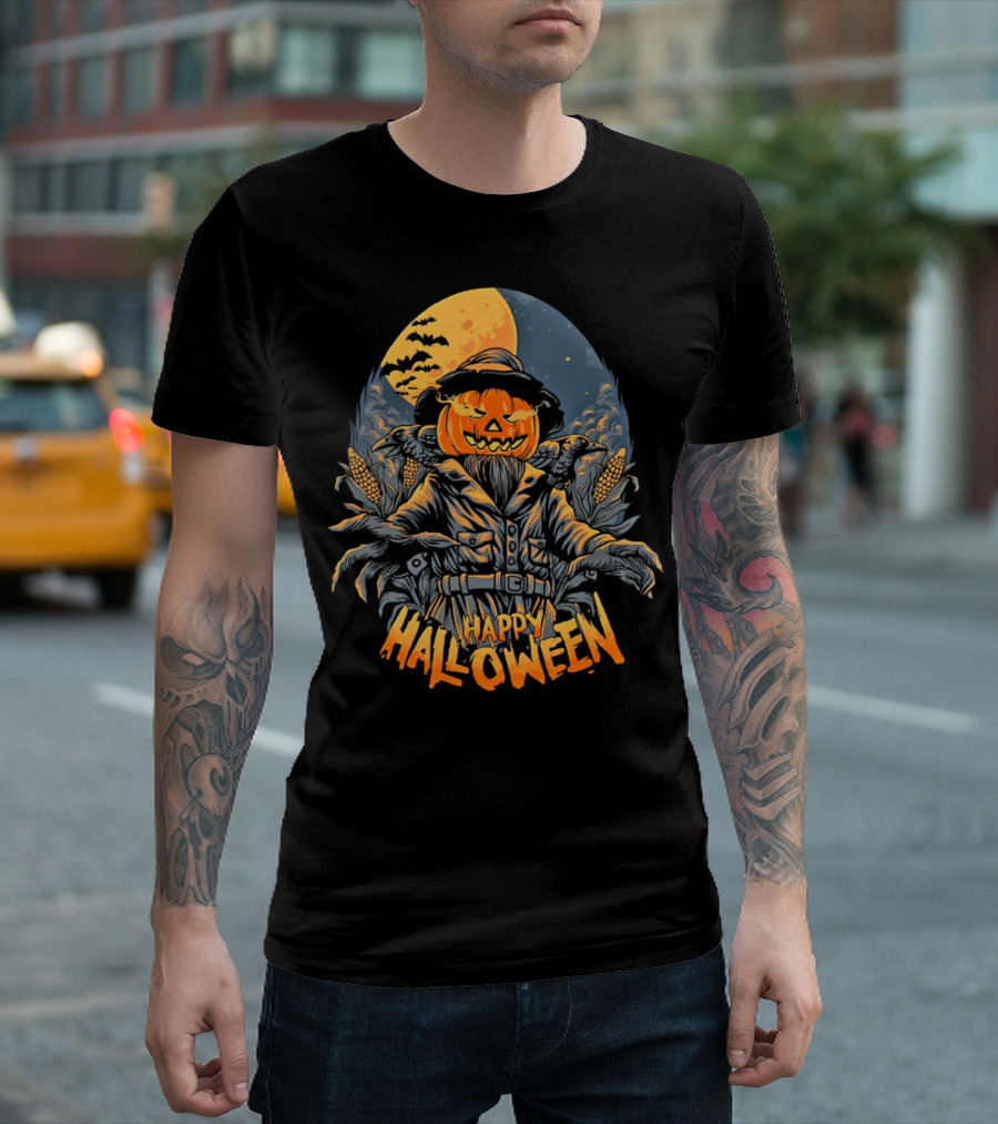 Happy Halloween Pumpkin Scarecrow Under Full Moon with Bats and Corn Stalks T-Shirt