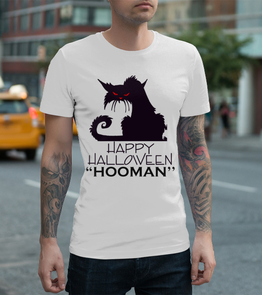 Happy Halloween Hooman Black Cat Red Eyes T-Shirt
