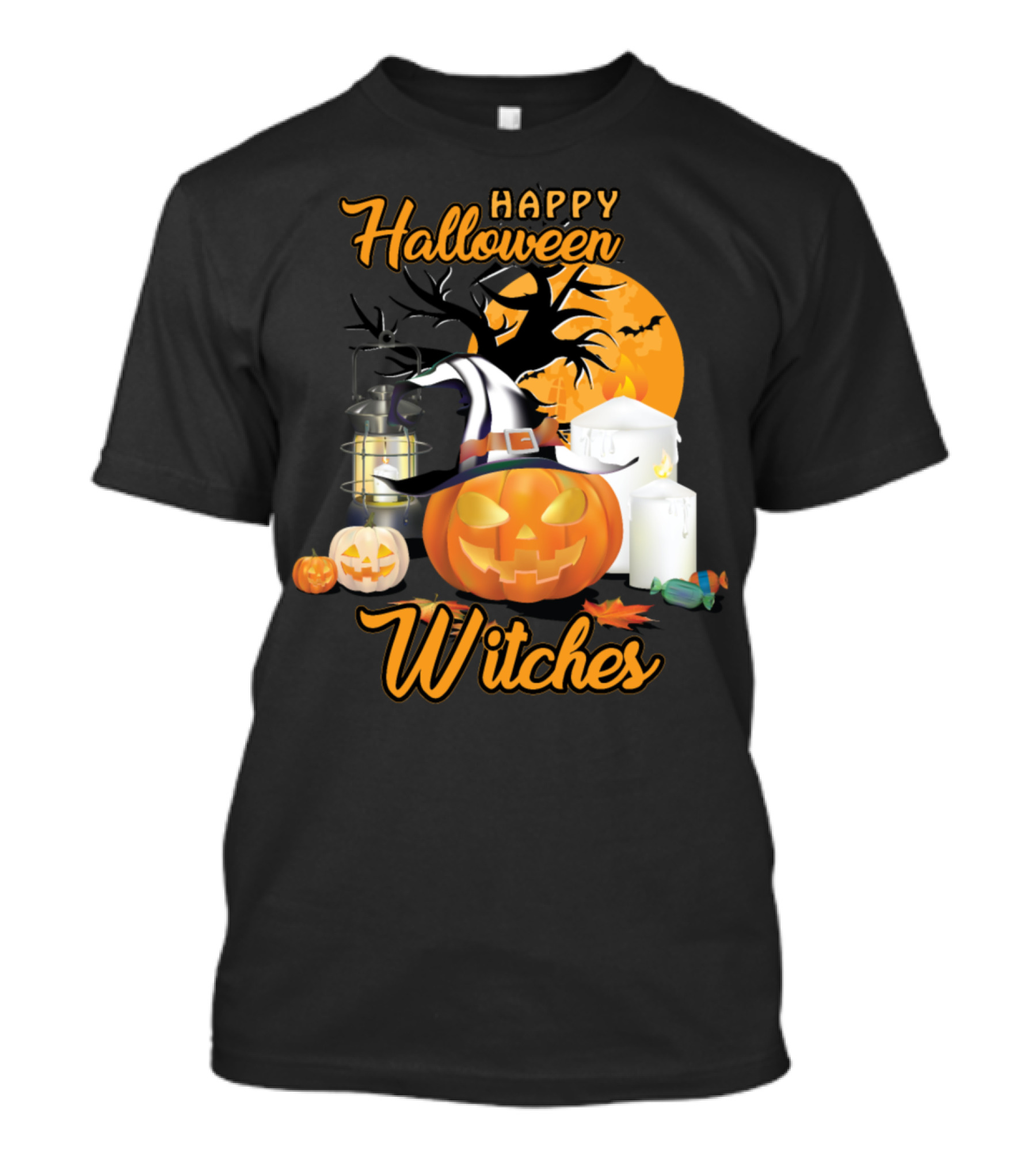 Happy Halloween Witches Pumpkin Lanterns Candles And Full Moon T-Shirt