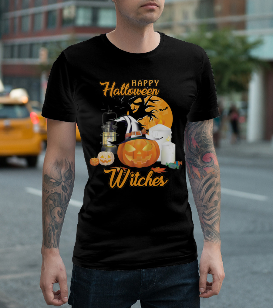 Happy Halloween Witches Pumpkin Lanterns Candles And Full Moon T-Shirt