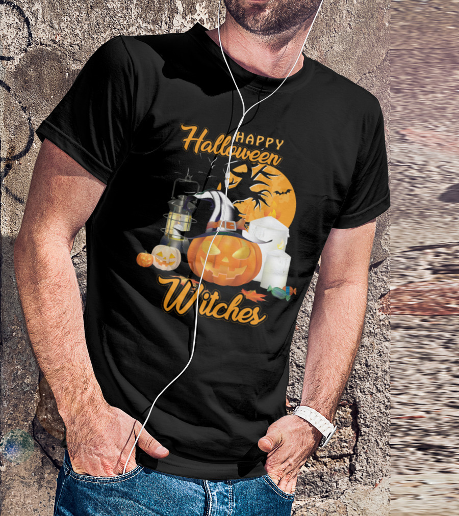 Happy Halloween Witches Pumpkin Lanterns Candles And Full Moon T-Shirt