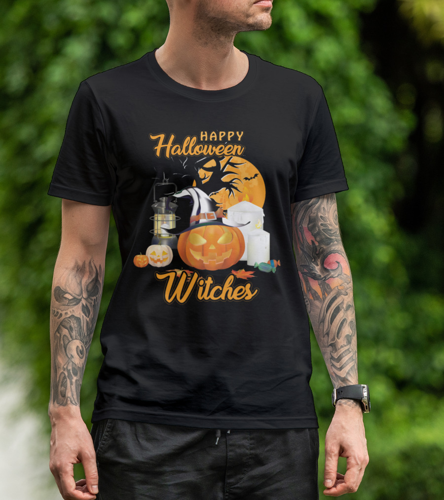 Happy Halloween Witches Pumpkin Lanterns Candles And Full Moon T-Shirt
