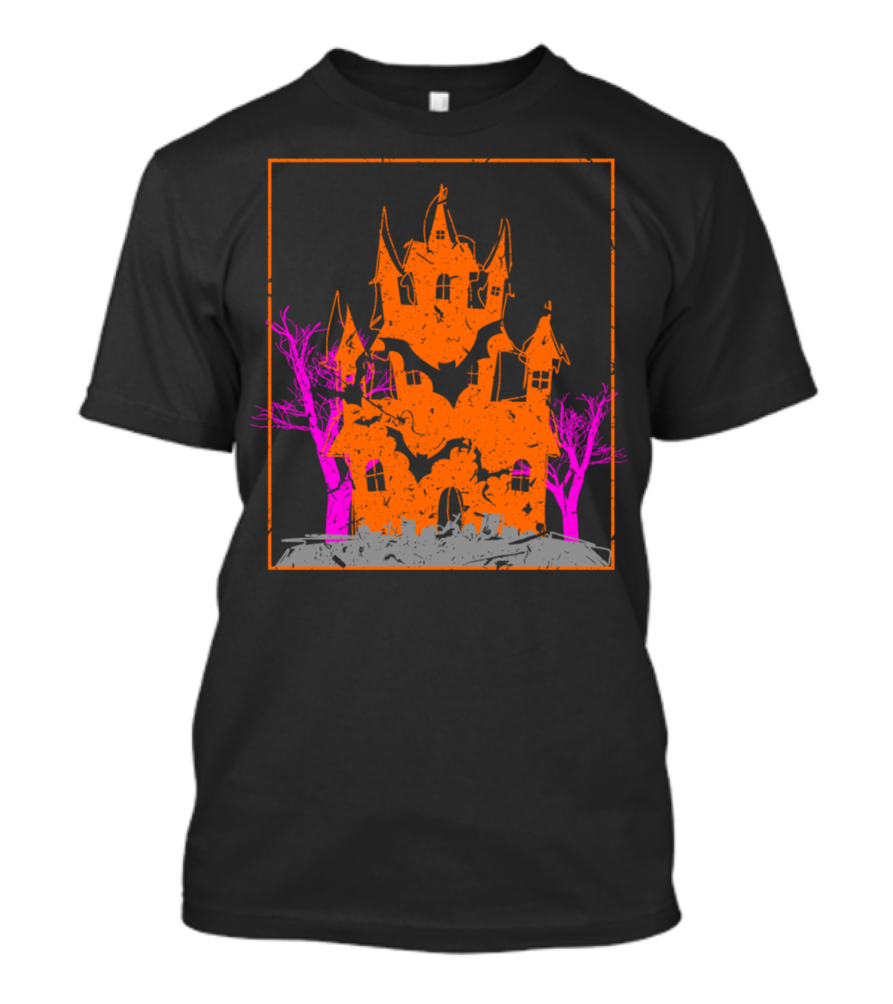 Orange Haunted House With Pink Trees Scary Halloween Present T-Shirt