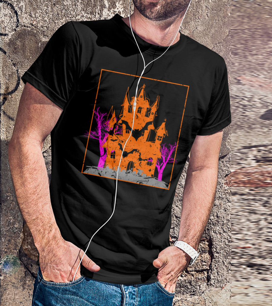 Orange Haunted House With Pink Trees Scary Halloween Present T-Shirt