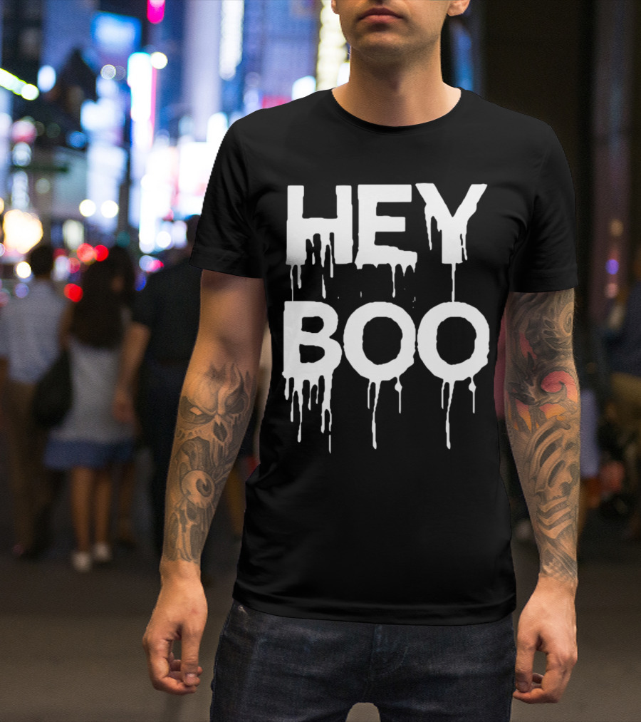 Hey Boo Funny Halloween Horror Scary Ghost Dripping Text T-Shirt