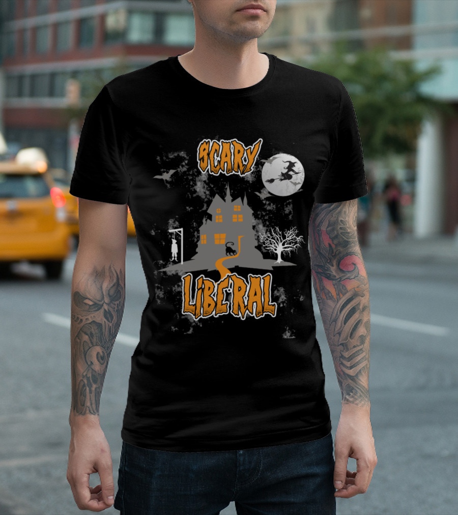 Scary Liberal Halloween Haunted House Moon Witch Bat Cat Tree T-Shirt