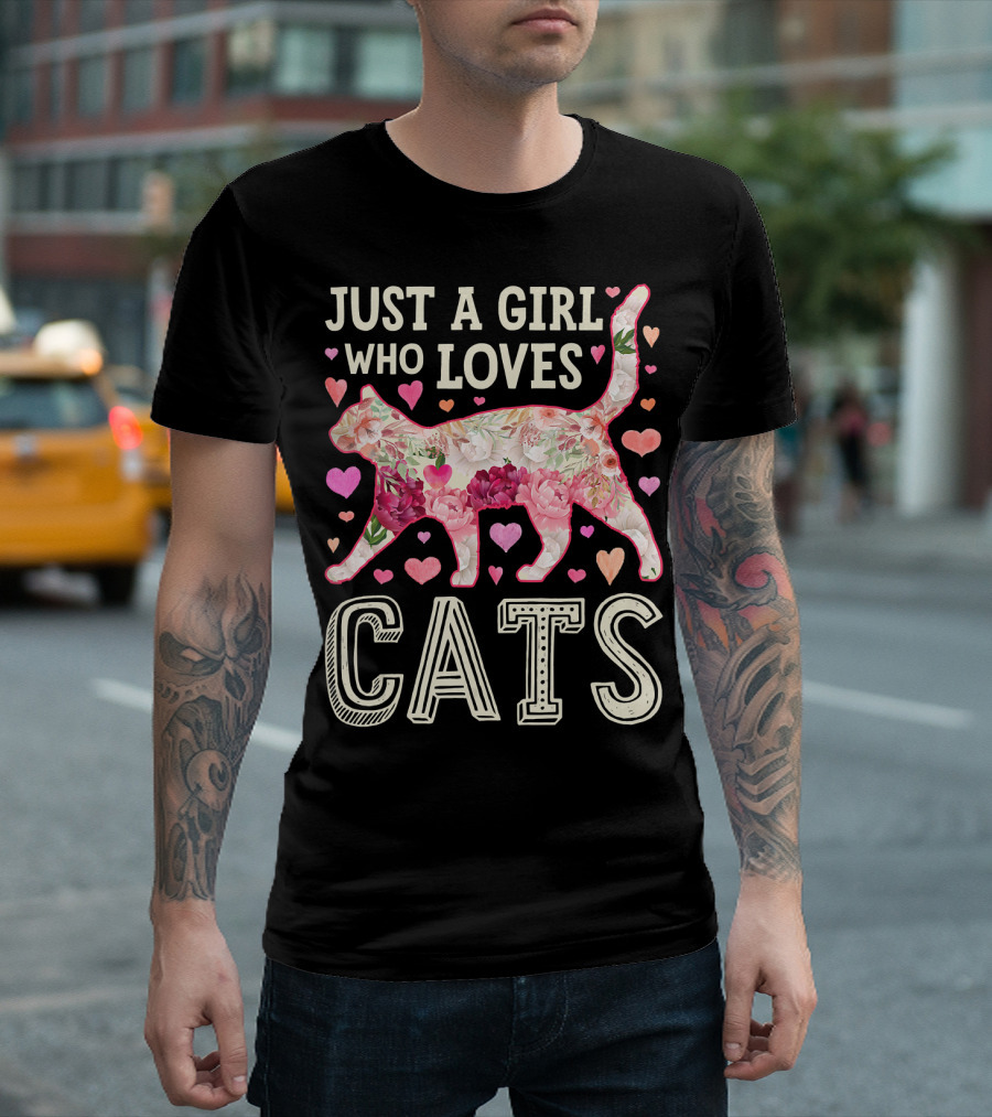 Just A Girl Who Loves Cats Floral Pattern and Heart Accents T-Shirt