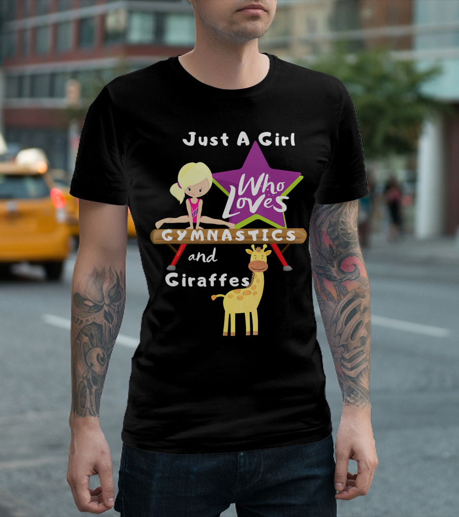 Just A Girl Who Loves Gymnastics and Giraffes with Star and Balance Beam T-Shirt