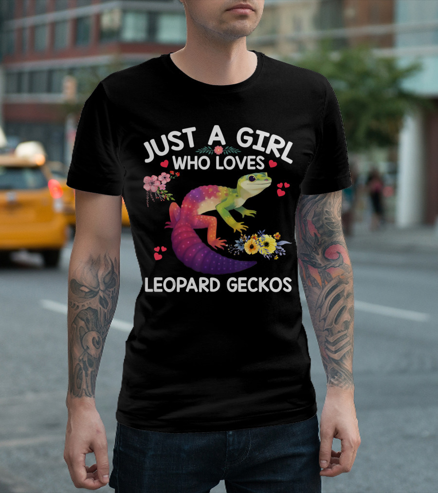 Just A Girl Who Loves Leopard Geckos Colorful Floral Hearts T-Shirt