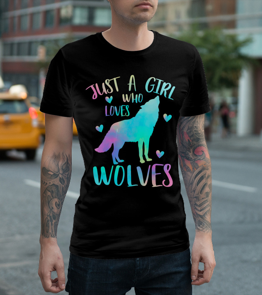 Just A Girl Who Loves Wolves Watercolor Hearts Wolf T-Shirt