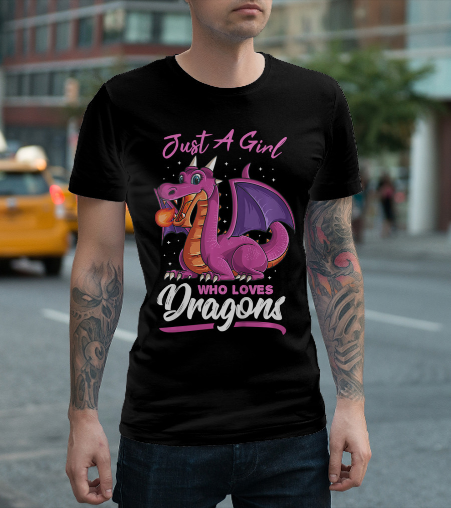 Just A Girl Who Loves Dragons Cute Purple Cartoon Dragon Kids T-Shirt