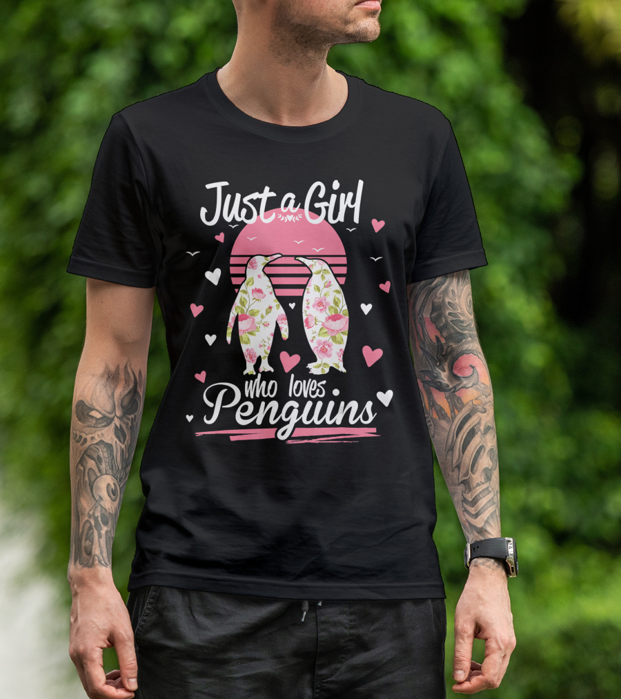 Just A Girl Who Loves Penguins Floral Heart Sunset T-Shirt