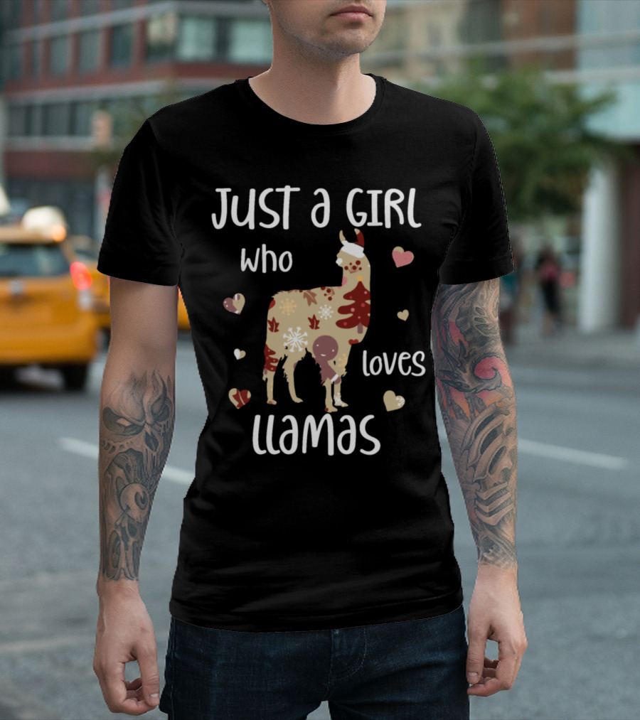 Just A Girl Who Loves Llamas with Festive Hearts and Winter T-Shirt