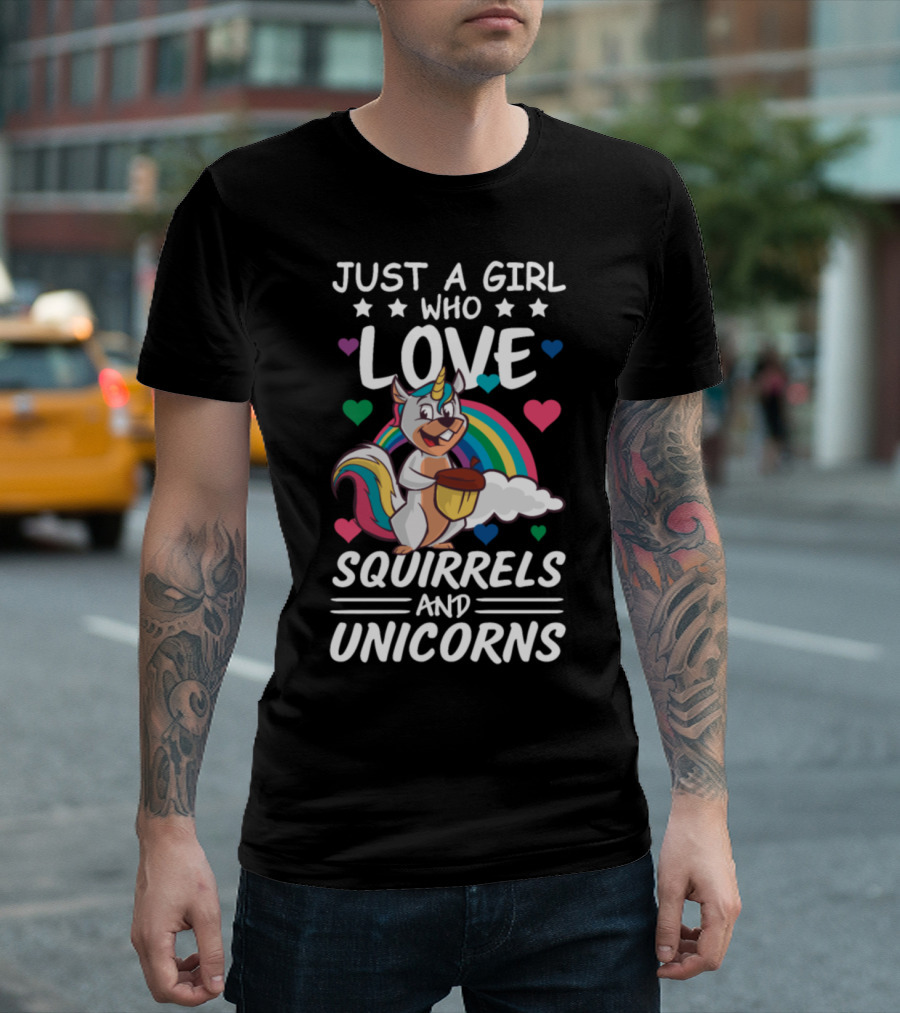 Just A Girl Who Loves Squirrels And Unicorns Colorful Heart and Rainbow Graphics T-Shirt