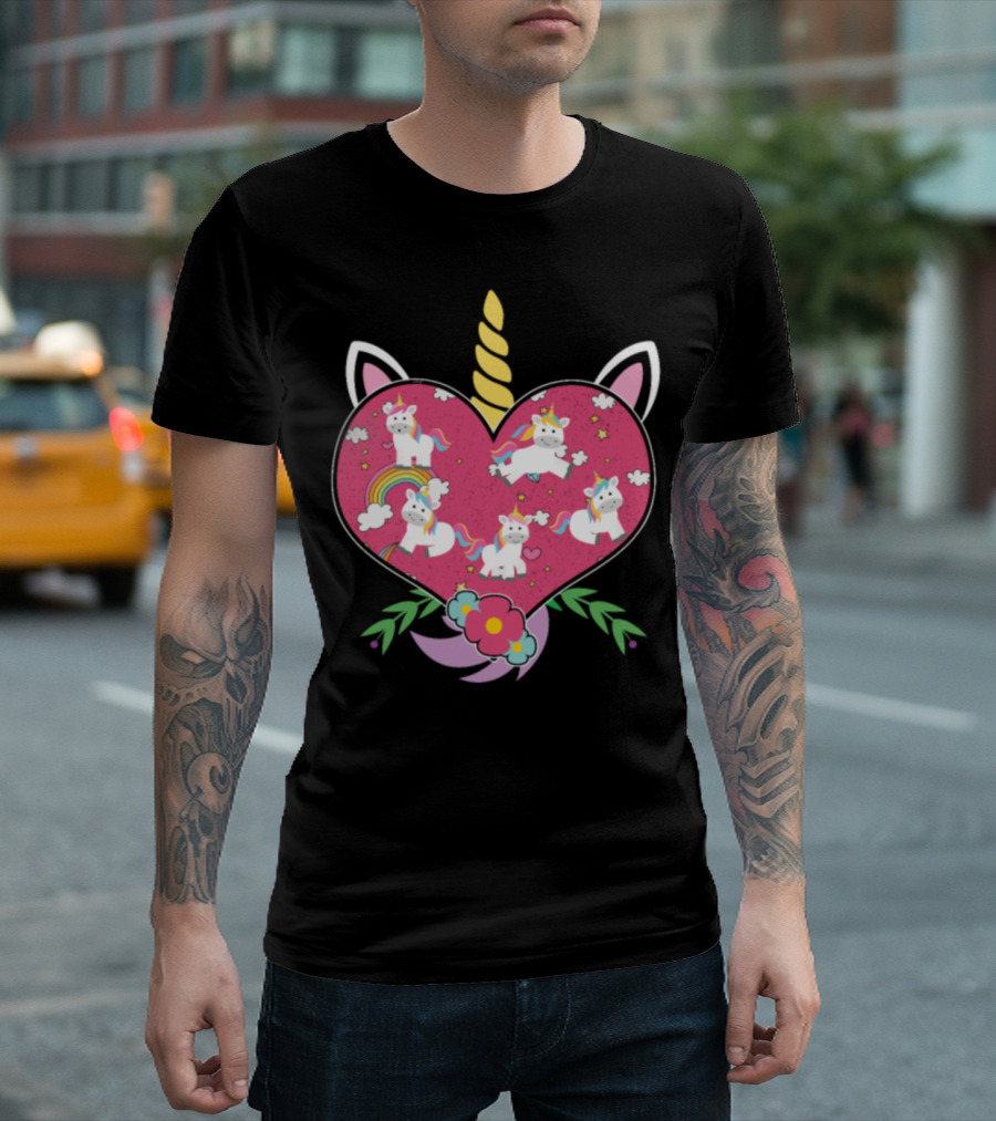 Just A Girl Who Loves Unicorn Rainbow Heart Horn Ears Flowers T-Shirt