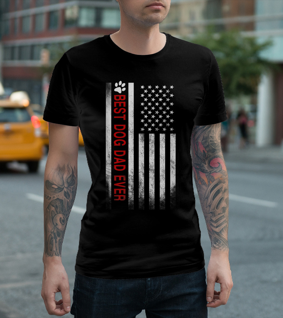 Best Dog Dad Ever American Flag Paw Print Patriotic T-Shirt