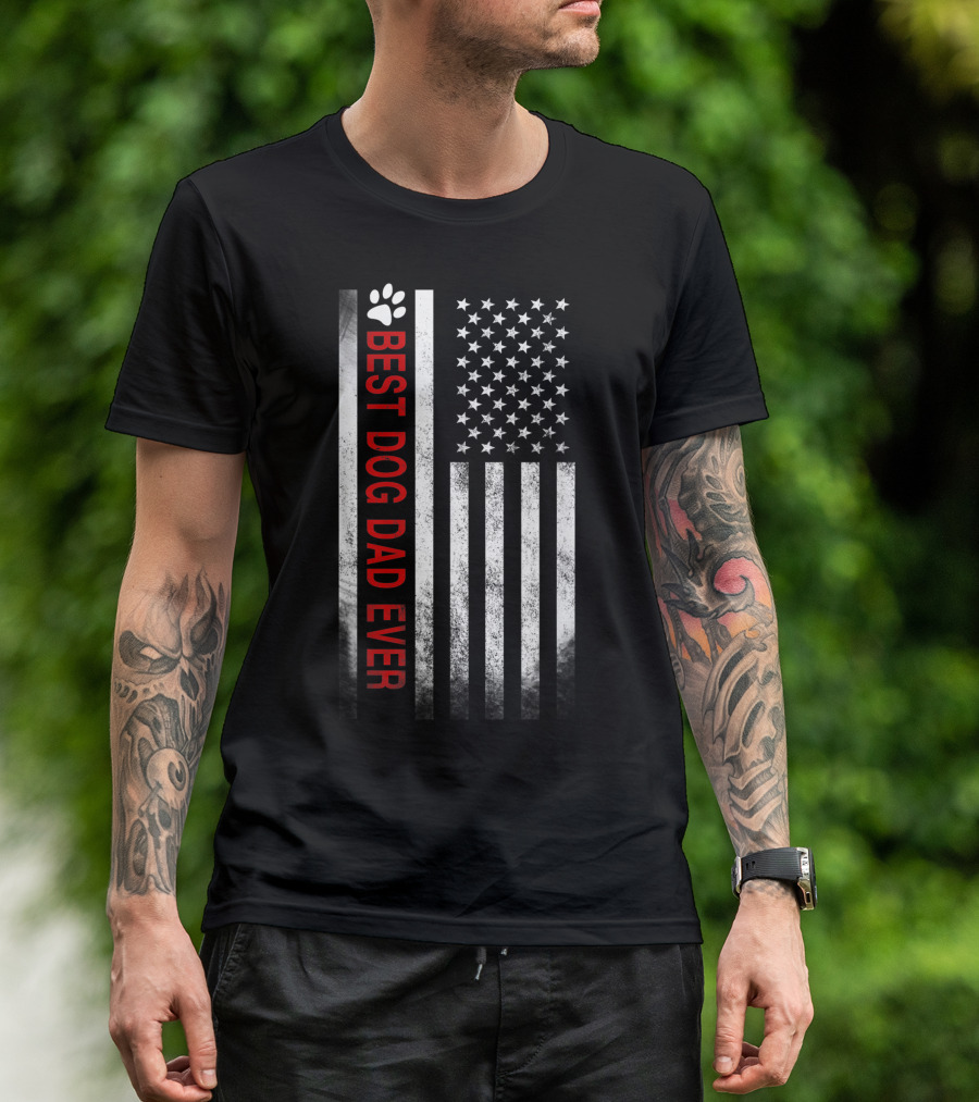 Best Dog Dad Ever American Flag Paw Print Patriotic T-Shirt