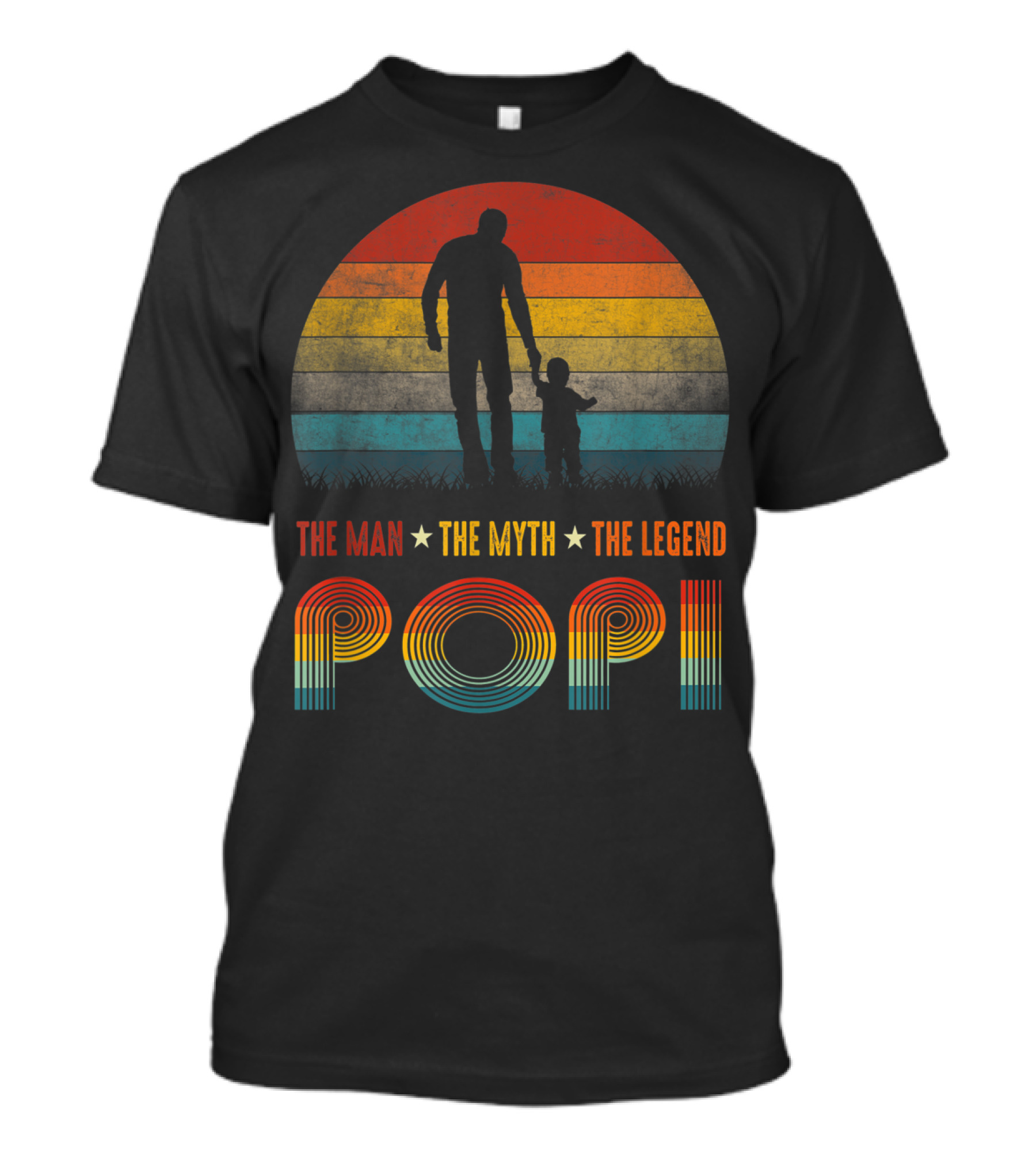 The Man The Myth The Legend Popi Vintage Silhouette Father And Child Retro Stripes T-Shirt
