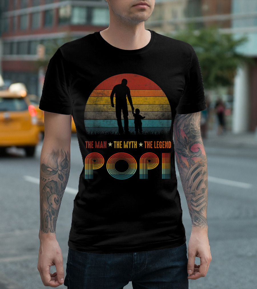 The Man The Myth The Legend Popi Vintage Silhouette Father And Child Retro Stripes T-Shirt