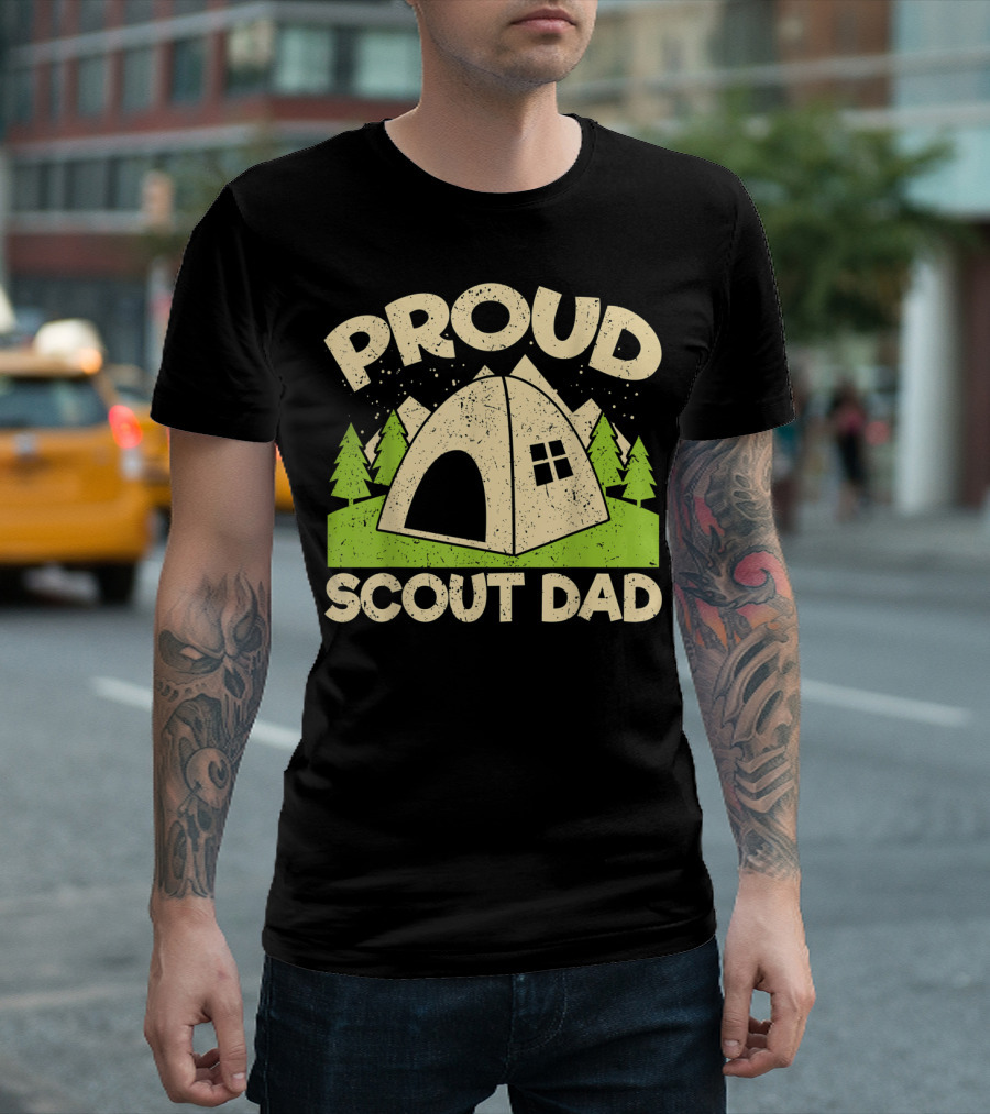 Proud Scout Dad Parent Father Of Boy Girl Club Camping Tent Mountain Forest Scene T-Shirt