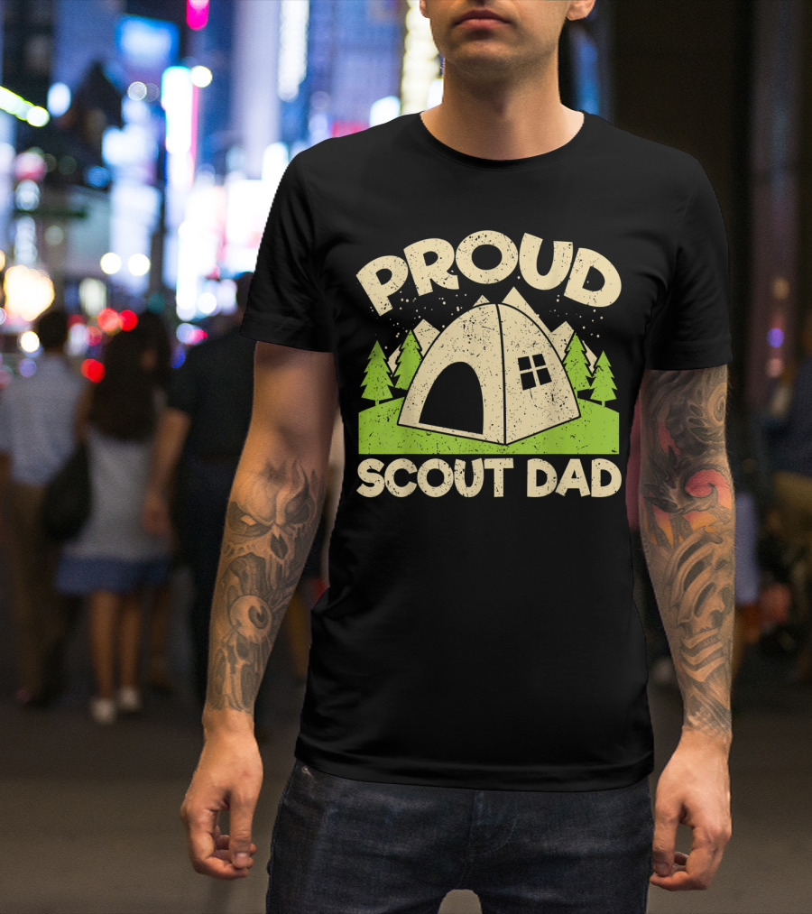 Proud Scout Dad Parent Father Of Boy Girl Club Camping Tent Mountain Forest Scene T-Shirt