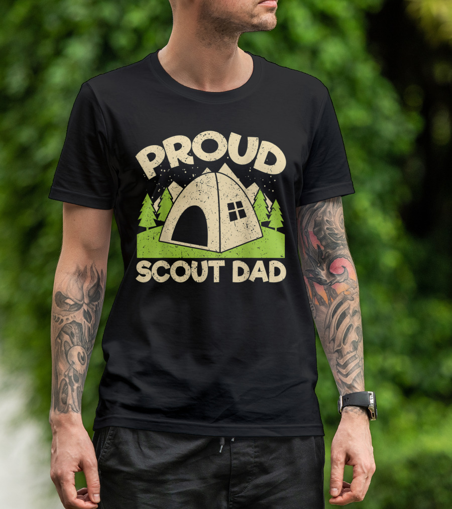 Proud Scout Dad Parent Father Of Boy Girl Club Camping Tent Mountain Forest Scene T-Shirt