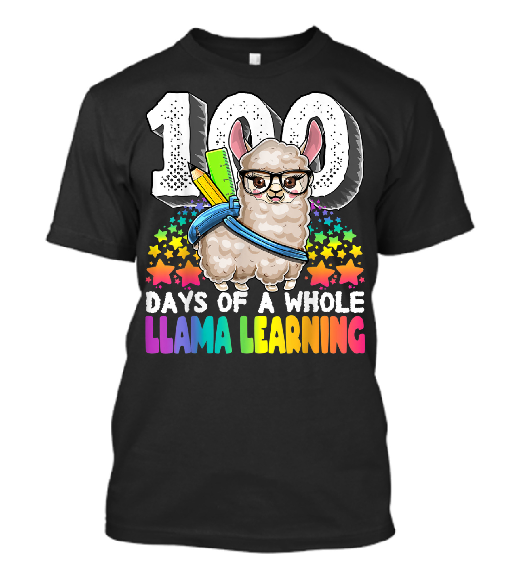 100 Days Of A Whole Llama Learning Celebration With Stars And Rainbow Colors T-Shirt