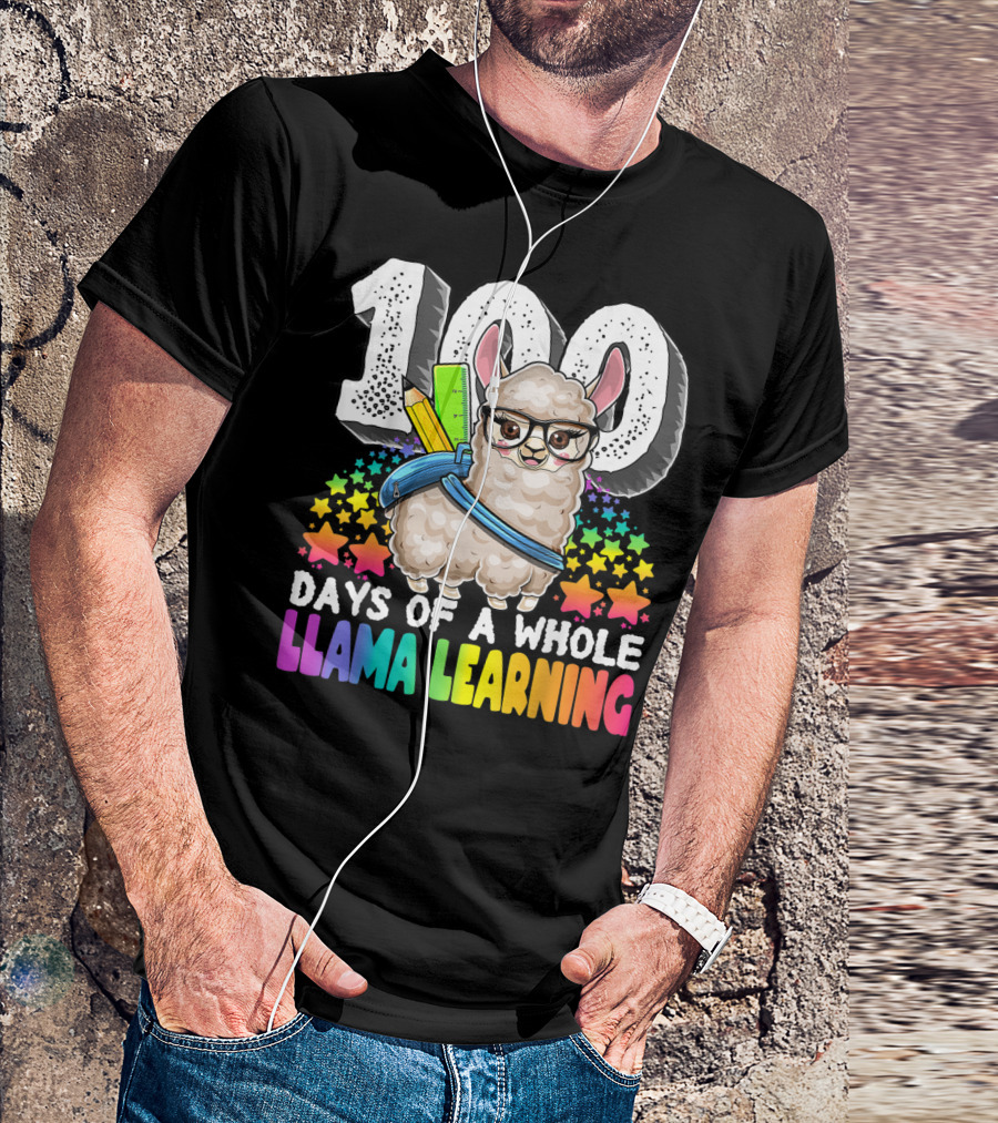 100 Days Of A Whole Llama Learning Celebration With Stars And Rainbow Colors T-Shirt