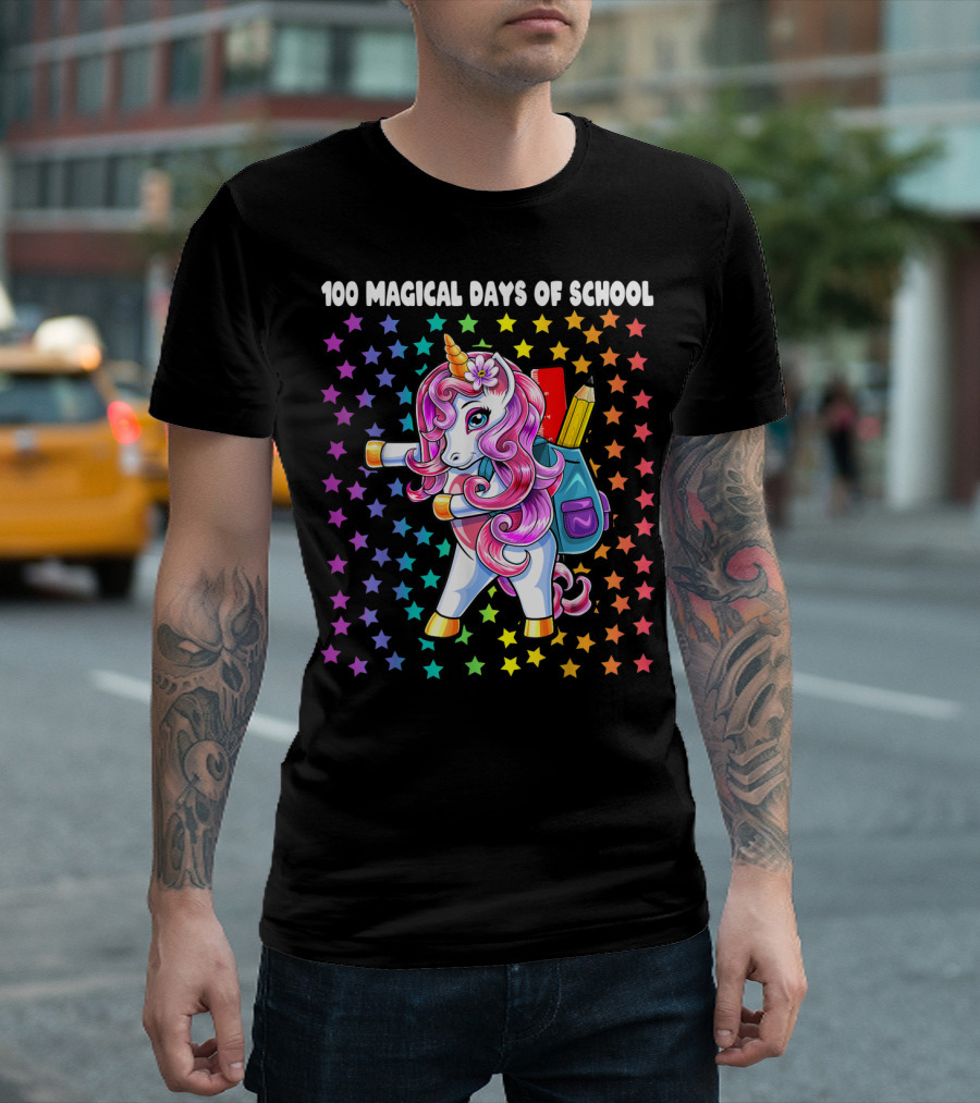 100 Magical Days of School Unicorn Floss Dance with Rainbow Stars and Backpack T-Shirt