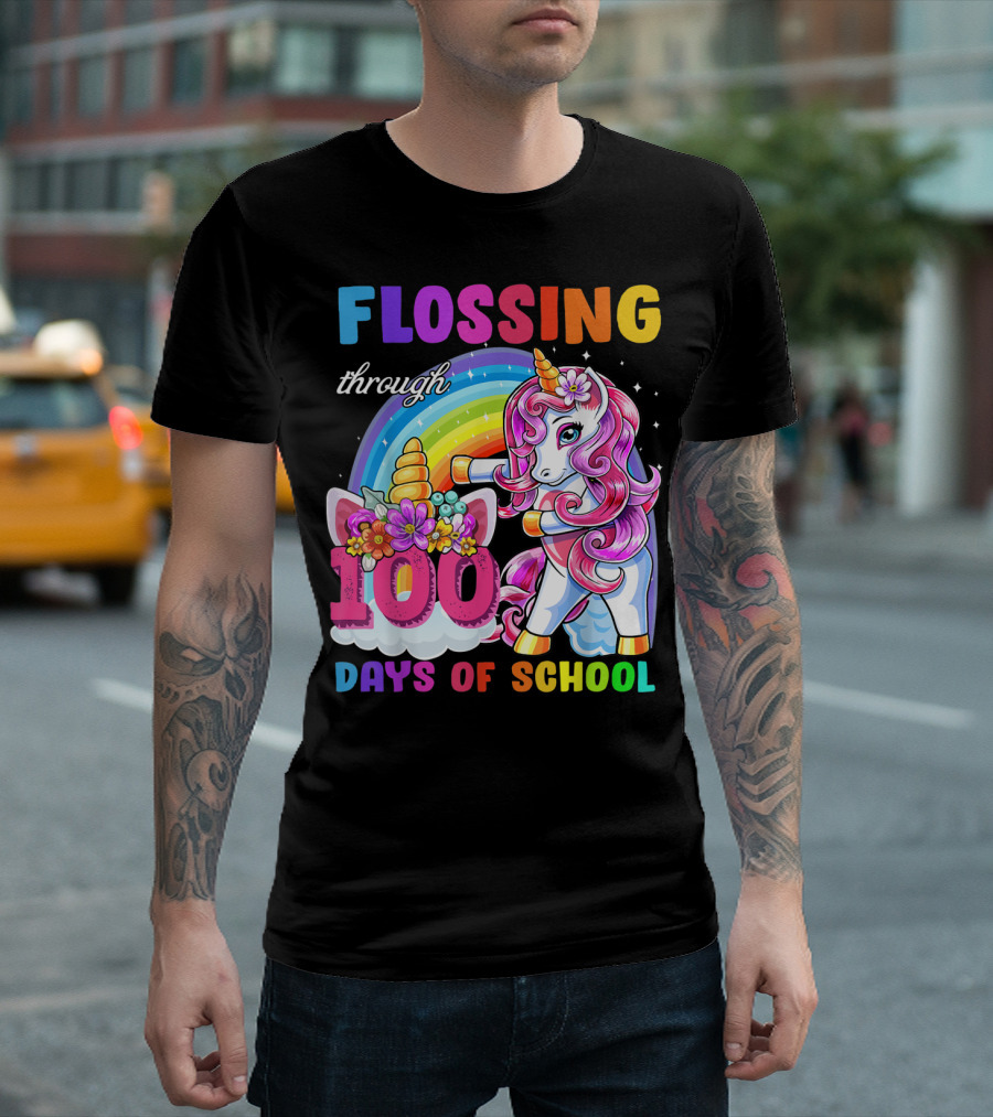 Flossing Through 100 Days of School Rainbow Unicorn T-Shirt