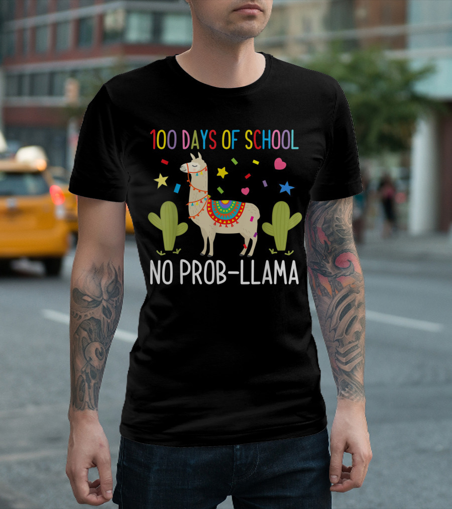 100 Days of School Celebration No Prob-Llama with Colorful Llama and Cactus T-Shirt