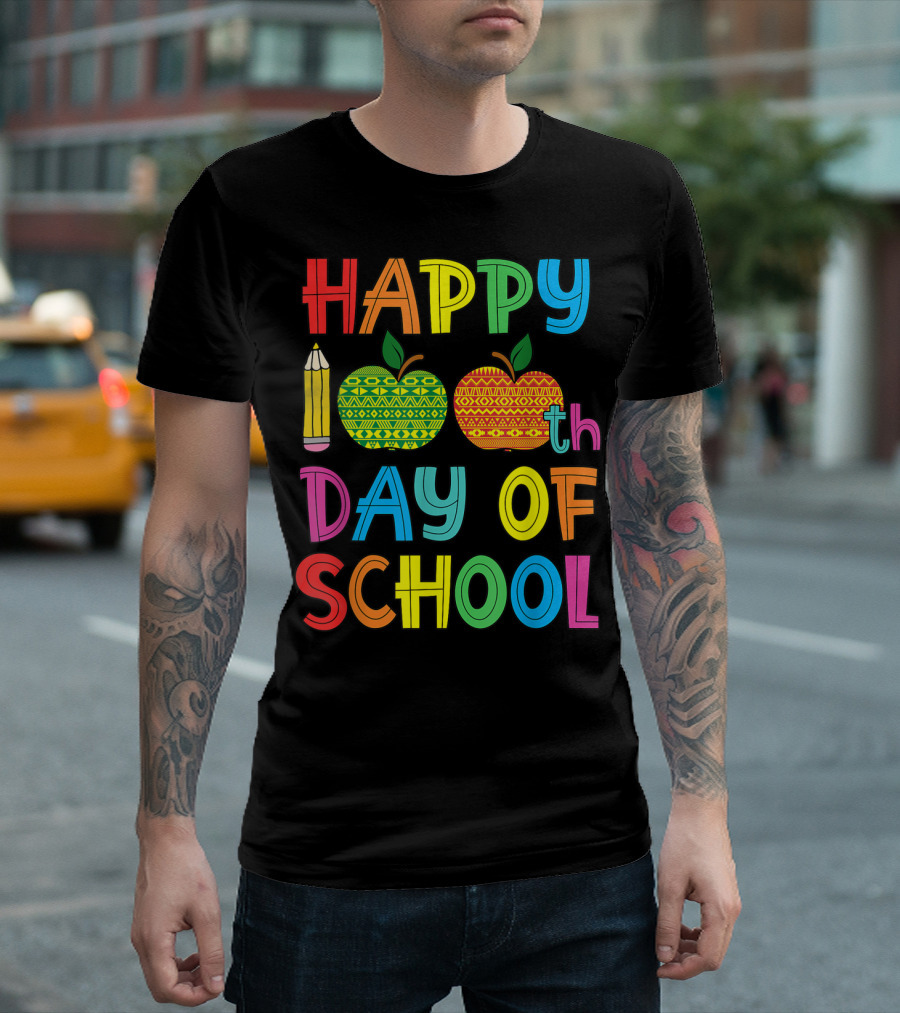 Happy 100th Day Of School Colorful Pencil and Apple Graphics T-Shirt