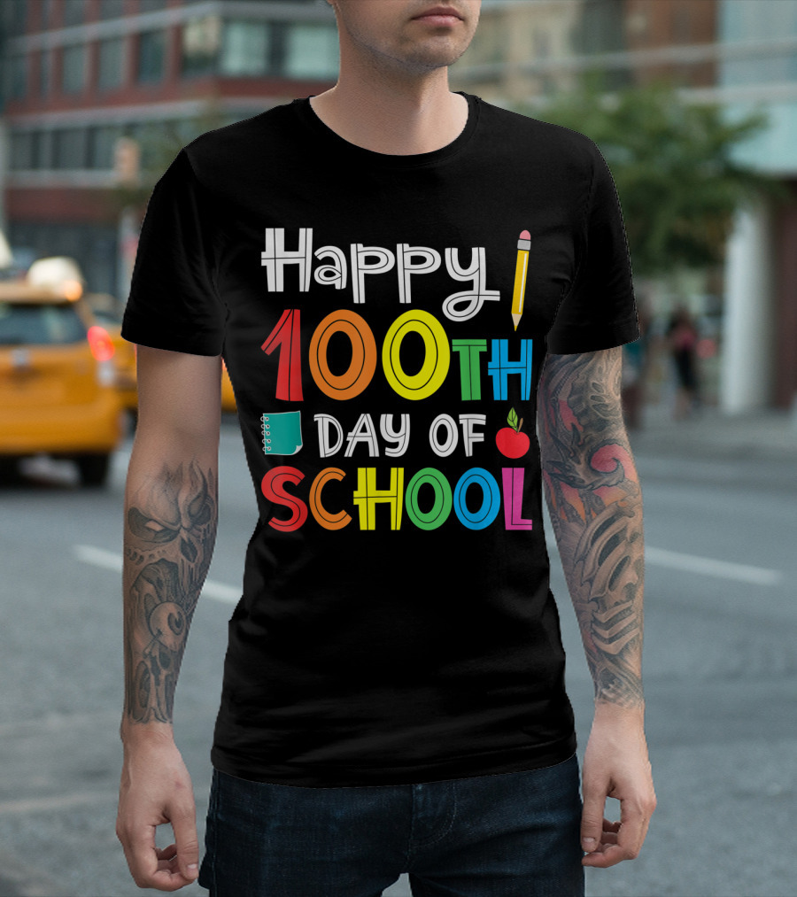 Happy 100th Day of School Teacher Student Celebration with Pencil and Apple T-Shirt