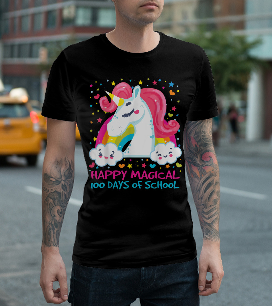 Bright And Colorful Unicorn Celebrating Happy Magical 100 Days Of School T-Shirt