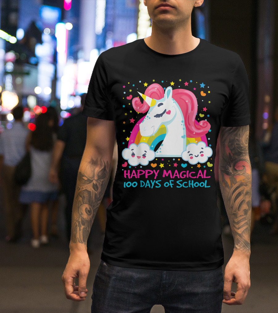 Bright And Colorful Unicorn Celebrating Happy Magical 100 Days Of School T-Shirt
