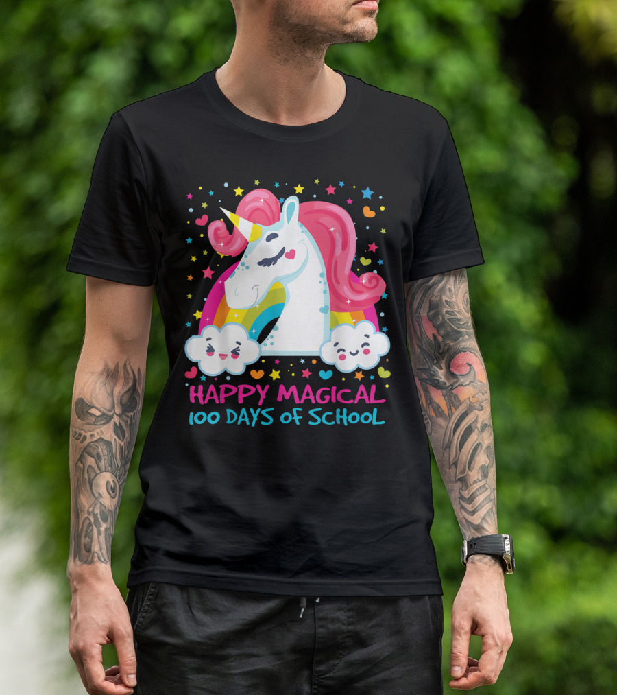 Bright And Colorful Unicorn Celebrating Happy Magical 100 Days Of School T-Shirt