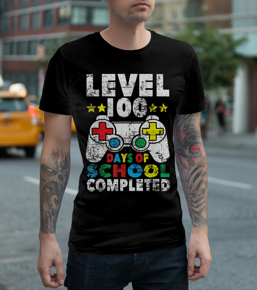 Level 100 Days of School Completed Video Game Controller Stars T-Shirt