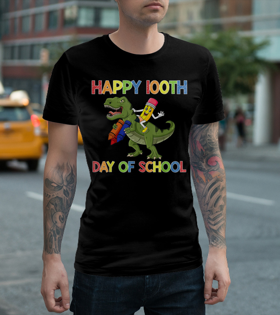 Happy 100th Day of School Pencil Riding Dinosaur T-Shirt